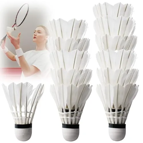 PRITOK 12 Stück Badminton Bälle: Federbälle Weiß aus Gänsefeder Kork-Kopf, Sporttraining Hochgeschwindigkeitstraining Garten Gänsefeder Badminton Federball Ball für Outdoor & Indoor Sport