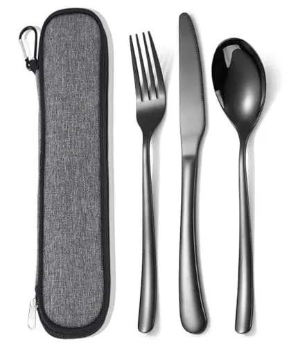 MURRI&MURRDI Besteck Set für 1 Person, Besteck To Go Edelstahl, 3 Teilig Outdoor Camping Messer Gabel Löffel mit Tasche, Stainless Steel Travel Cutlery Set, Reisebesteck Spülmaschinenfest, Schwarz