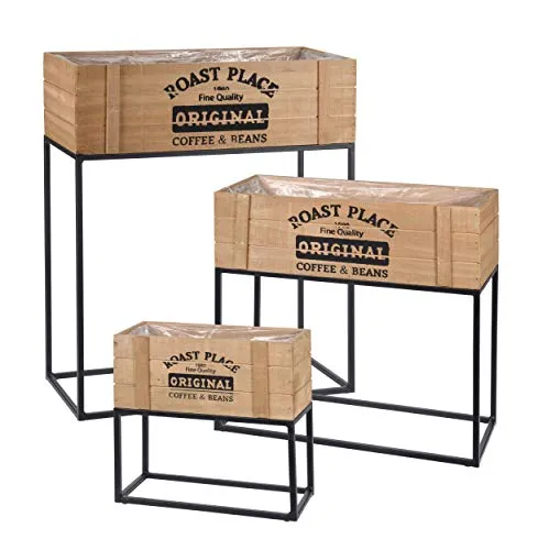 Holz Blumenständer 3er Set mit schwarzem Gestell - Blumentreppen für eine stilvolle Pflanzenpräsentation, inklusive Folie für direktes Bepflanzen. Ideal für Blumen und Kräuter, rustikal-modernes Design.