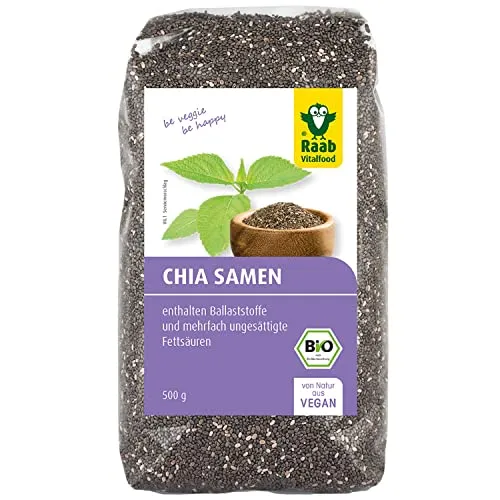 Raab Vitalfood Bio Chia-Samen, Premium Qualität, laborgeprüft, vegan, reich an Ballaststoffen, enthält natürlicherweise Calcium, B-Vitamine, ungesättigte Fettsäuren, quellfähig, 1er Pack (500 g)