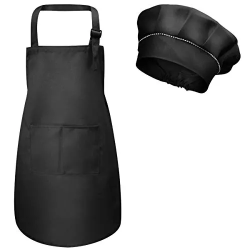 Fodlon Kinder Schürze und Kochmütze, Verstellbare Kinder Köche Schürze mit Taschen für Jungen Mädchen, Kleinkind Küche Garten Schürzen für Kochen Backen Malen Basteln (M für 3-6 Jahre) (Schwarz)