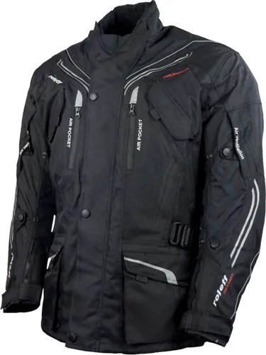 Schwarze Motorradjacke mit Protektoren und Belüftungssystem - Schutzjacke aus Kodra 500 D mit herausnehmbarer Wind-Tex Klimamembrane, atmungsaktiv und wasserabweisend. Verstellbare CE-Protektoren und Lüftungsreißverschlüsse für optimalen Komfort.