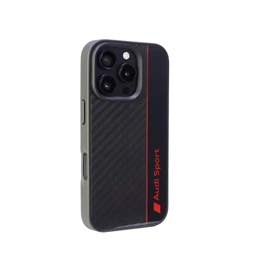 Audi iPhone 16 Pro Carbon Fiber Stripe Handyhülle - Kopfhörer-Zubehör mit elegantem Carbon-Muster und AUDI-Logo, bietet sicheren Halt und schützt vor Stößen und Kratzern.