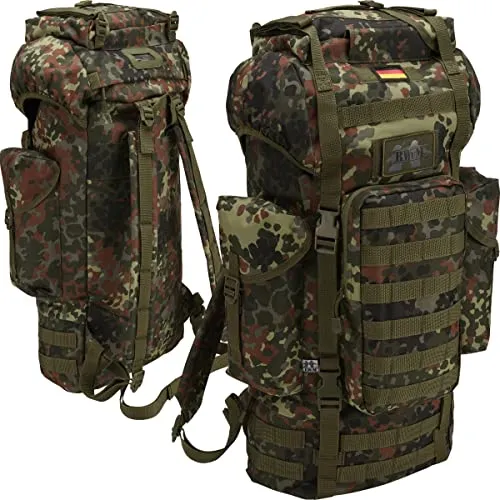 BWuM Kampfrucksack Molle 65L - Robuster 65L Bundeswehr Kampfrucksack mit Molle-System, ideal für Outdoor-Aktivitäten. Viel Stauraum, gepolsterte Gurte und individuelle Patch-Möglichkeiten bieten Komfort und Funktionalität.