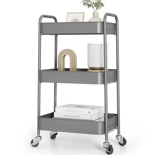 KINGRACK 3-stufiger Metall-Küchenwagen mit Rollen – Servierwagen & Allzweckwagen für Küche, Bad, Büro – Schraubenlos, einfach montiert (Grau)