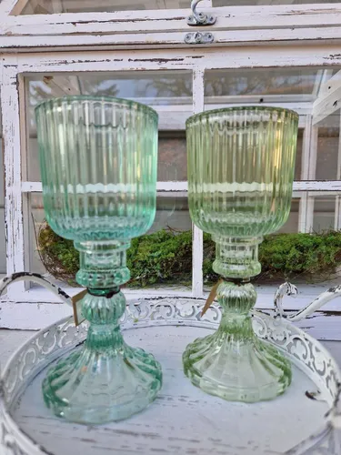 Windlicht auf Fuß Blau Grün Glas 2er Set D8xH18cm
