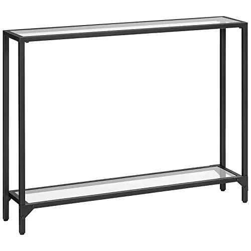 HOOBRO Konsolentisch mit Ablagen, 100 cm Beistelltisch, Hartglas, Eingangstisch, moderner Sofatisch, Ausstellungstisch, Metallgestell, für Wohnzimmer, Flur, Schwarz EBK04XG01