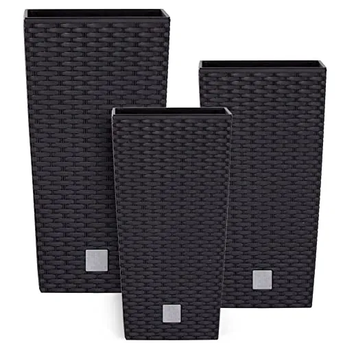 botle Topf Set 3 x Pflanztöpfe Kübel Rattan Hohes H 55 61 75 cm Anthrazit Kunststoff mit Pflanzeinsatz Quadrat