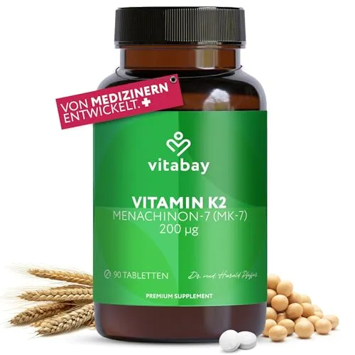 Vitabay Vitamin K2 200 µg MK-7 – 90 vegane Tabletten – hochdosiert & laborgeprüft – all-trans – ohne Zusatzstoffe – Vorrat für 3 Monate