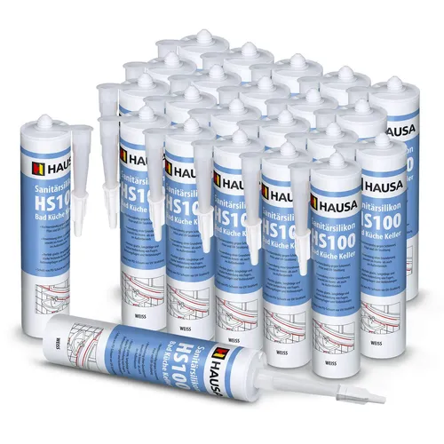 Sanitär-Silikon HS100 weiß 24x 310ml - Dichtstoff für Bad, Dusche und Küche, ideal für verschiedene Oberflächen wie Fliesen und Glas, temperaturbeständig von -40 bis 100 °C, perfekt für professionelle Anwendungen.