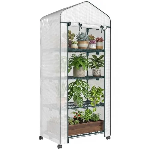 Outsunny Mini-Gewächshaus 69Lx50Wx165Hcm - Weiß - Garten-Zubehör: Kompaktes Gewächshaus mit 4 stabilen Fachböden, ideal für Pflanzenanbau und wetterfest durch pulverbeschichtetes Stahlrohr.