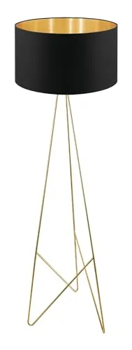 EGLO Stativ Stehlampe Camporale - Standleuchte aus Metall und Stoff, elegantes Design mit dreibeinigem Fuß in Messing und schwarzem Textilschirm, ideal für moderne Wohnstile und bequem per Trittschalter einstellbar.