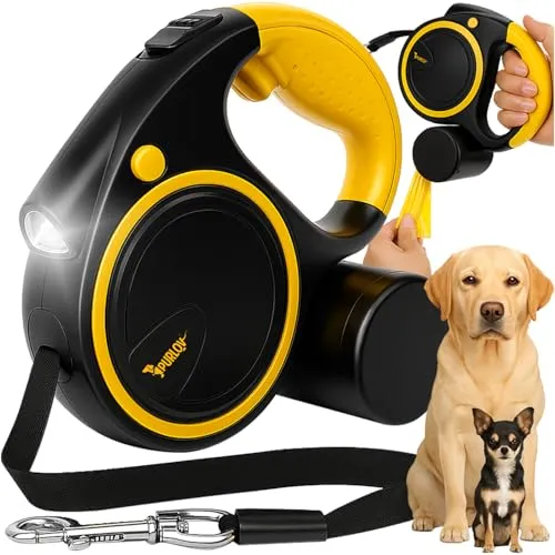 Hunde-Flexileine mit LED-Licht – PURLOV, 5m Automatikleine für mittelgroße Hunde - Haustierbedarf: Flexileine mit integriertem LED-Licht und Kotbeutelspender, ideal für sichere Spaziergänge bei Dunkelheit.