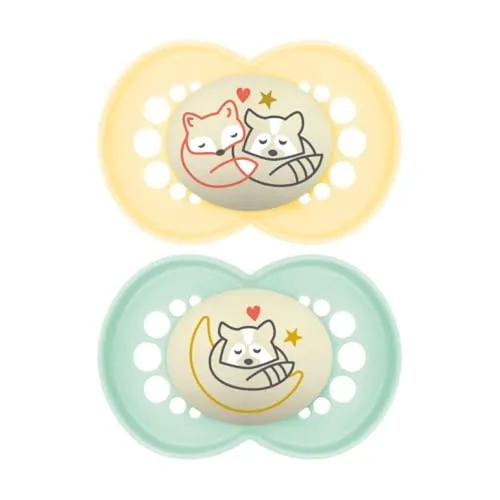 MAM Schnuller 6+ Monate (2er-Set) MAM 6-16 Monate, leuchtet im Dunkeln mit Silikonsauger, 2-teiliges Set mit Sterilisator-Schnullerhalter, gelb/grün