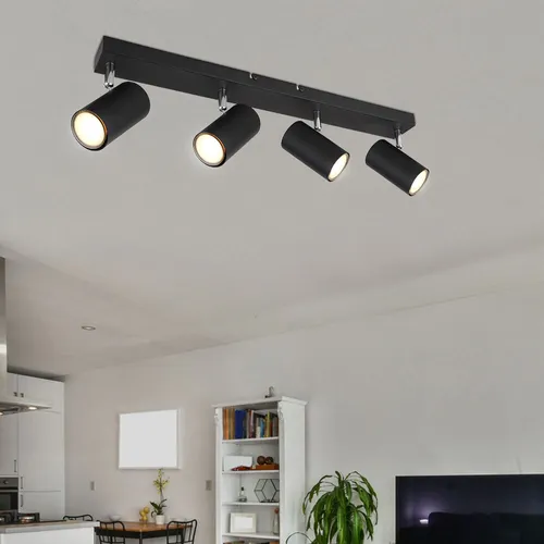 Moderne 4-flammige Deckenleuchte Spot schwarz - Lampen: Schwenkbare Strahler aus Metall in elegantem Schwarz, ideal für individuelle Lichtgestaltung im Wohnzimmer. Perfekt für GU10 Leuchtmittel bis 35 Watt.