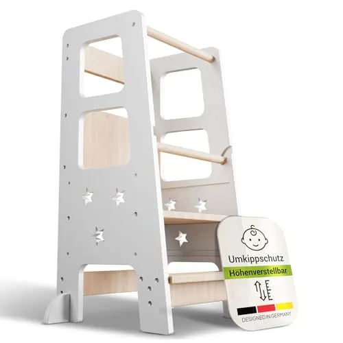 Juskys Stehhilfe Henny - 3-fach höhenverstellbar - Stehhilfen für Kinder, sicherer Lernturm mit seitlichem Umkippschutz und robustem, lackiertem Holz für langanhaltenden Spaß.