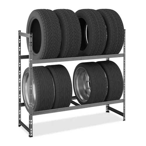 relaxdays Schwerlastregal Reifenregal für 8 Reifen - Schwerlastregal zur platzsparenden Reifenlagerung von bis zu 8 Reifen, individuell anpassbare Ebenen und einfacher Aufbau dank Stecksystem. Ideal für Garage oder Werkstatt.