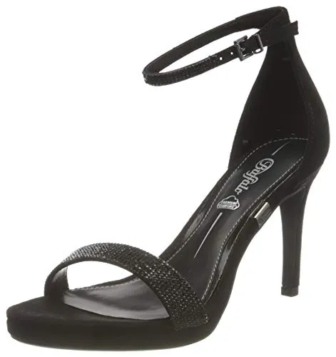Buffalo Monroe 2 Sandal Heel - Elegante Riemchensandalette in Schwarz - Wanderschuhe - Vegane Sandaletten aus hochwertigem Kunstleder mit funkelnden Strasssteinen und 9 cm Stilettoabsatz für glamouröse Auftritte.