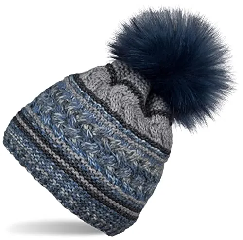 styleBREAKER Damen Strick Bommelmütze mit Fleece Futter - Strickmütze für Damen mit buntem Mustermix und weichem Thermo-Fleece Futter, ideal für kalte Temperaturen. Bequem und dehnbar, passt sich perfekt an jeden Kopfumfang an.