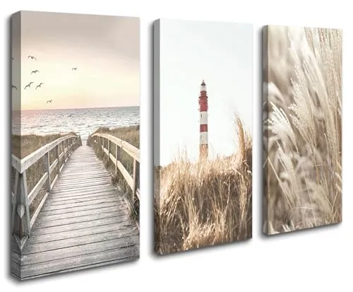 Visario Leinwandbild Leuchtturm 120x80 cm 4429 fertig gerahmt auf Holzrahmen - Wandbild Meer Küste Strand Nordsee Ostsee maritim Natur Landschaft - Leinwand Bild Wohnzimmer Schlafzimmer Büro Deko 4429