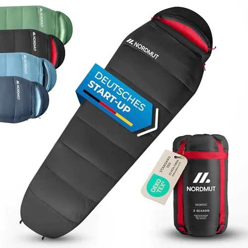 NORDMUT® Schlafsack Erwachsene – kleines Packmaß & Ultraleicht (900/1500g) – 3-Jahreszeiten (250 GSM) & Sommerschlafsack (100 GSM) – Mumienschlafsack für Camping, Outdoor & Festivals