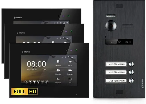 Balter EVO-HD Video Türsprechanlage - 3-Familienhaus Komplettset - Haus-Alarmanlagen mit 175° Weitwinkel-Full HD Kamera und 7 Zoll Monitor für optimale Sicherheit und einfache Installation dank moderner 2-Draht-Bus-Technik.