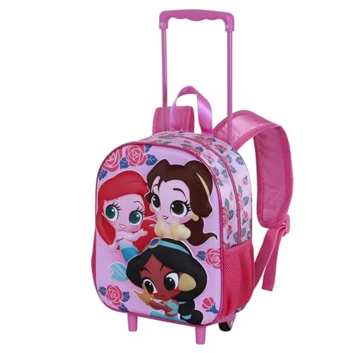 Disney Princess Flowers 3D Trolley 34cm - Schulranzen mit 2 Rollen, geprägter Vorderseite und praktischen Netzfächern, ideal für kleine Prinzessinnen auf dem Weg zur Schule.