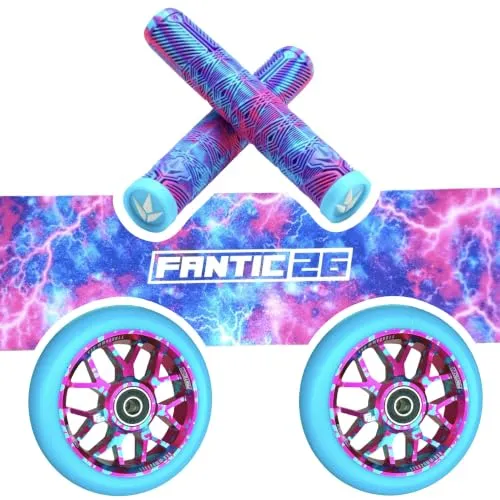 F26 Stunt-Scooter Trick Tret Park/Street PRO Scooter Roller Premium Upgrade Ersatzteile Tuning Bundle Kit I Griffe I Barends I Griptape I Rollen (Thunder Pink/Türkis)