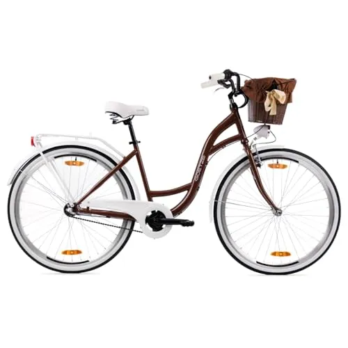 Goetze Style 28 Zoll Damen Citybike, 18 Zoll Tiefeinsteiger, 3-Gang Nabenschaltung, Rücktrittbremse und V-Bremse, LED-Beleuchtung, Rattankorb, Komfortsattel, mit Seitenständer & Klingel