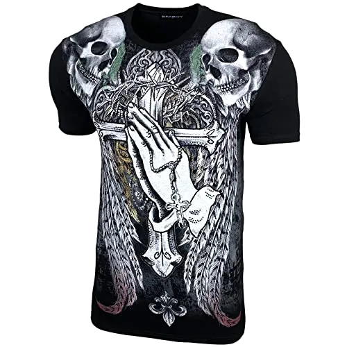 Baxboy Herren Sommer Vintage Freizeit Sport T Shirt Rundhals Kurzarm Design Fashion Top Print Crew Neck Exclusive Totenkopf BB-134, Farbe:146 Schwarz, Größe:L