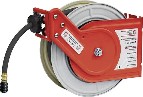 Holzmann Druckluftschlauch Aufroller 10lfm LSR10HQ - Druckluftzubehör mit automatischem Aufrollmechanismus, ideal für Wand- und Deckenmontage. Der robuste Aufroller schützt vor versehentlichem Aufrollen und sorgt für Ordnung in Ihrer Werkstatt.