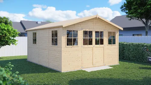 Gartenhaus Bertilo Workshop Smith 364 x 335 cm - Gartenhaus aus natürlichem Holz mit Satteldach, ideal für Werkstatt oder Stauraum im Garten.
