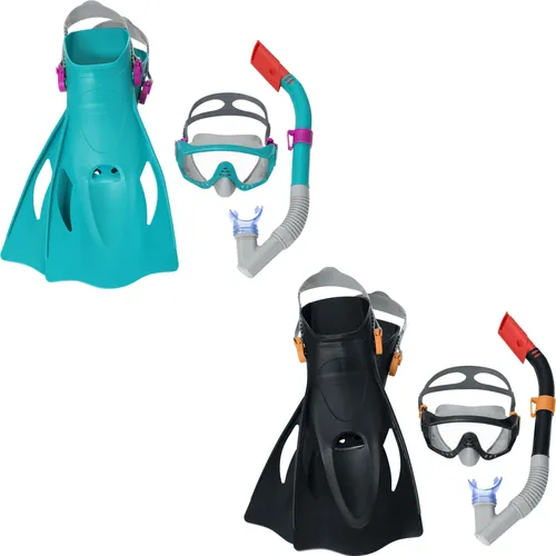 Bestway Schnorchel Spark Wave™ Set - Schnorchel-Set mit Tauchmaske, Schnorchel und Flossen. Stoßfeste Linse mit UV-Schutz für optimale Sicht. Verstellbare Kopfband und Flossen für hohen Tragekomfort. Ideal für unbeschwerte Wasserabenteuer!