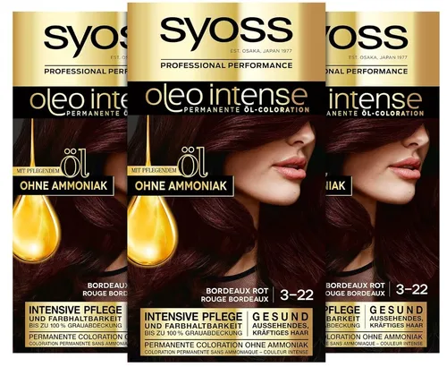 Produktbild 5,98€/E)Syoss Oleo Intense Öl-Coloration 3-22 Bordeaux Rot Stufe 3 (3 x 115 ml