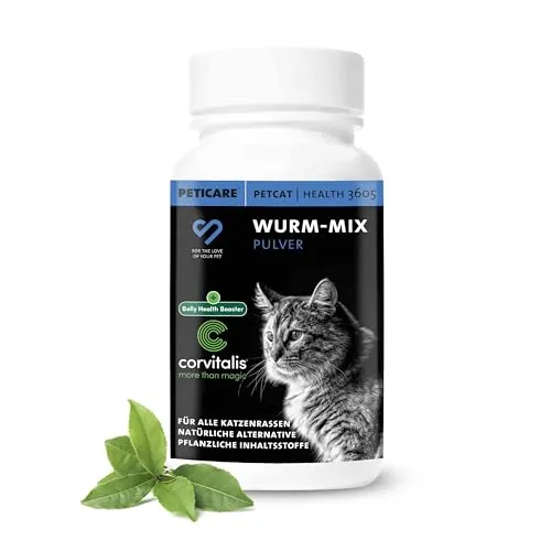 Peticare Wurm-Mix für Katzen | Natürliches Ergänzungsfutter | Pulver zur Unterstützung der Darmgesundheit | Natürliche Rezeptur | Kein Anthelminthikum | Mit innovativem Corvitalis® Komplex