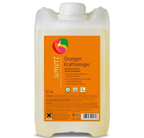 Sonett Kraftreiniger DE4056 - Orangenkraftreiniger 5L - Hochkonzentrierter Reiniger für Küche, Haus und Werkstatt mit Bio-Orangenöl. Löst hartnäckige Verschmutzungen und ist umweltschonend. Ideal für alle wasserbeständigen Oberflächen.