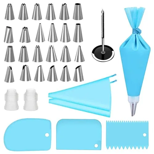 LINKLKBOY 33 tlg Profi Spritztüllen Set aus Edelstahl-spritzbeutel mit tüllen + Silikon Spritzbeutel & Backzubehör zum verzieren von Cupcakes & Torten - Rosen Blumen-Blätter-Spritztüllenset-Backset
