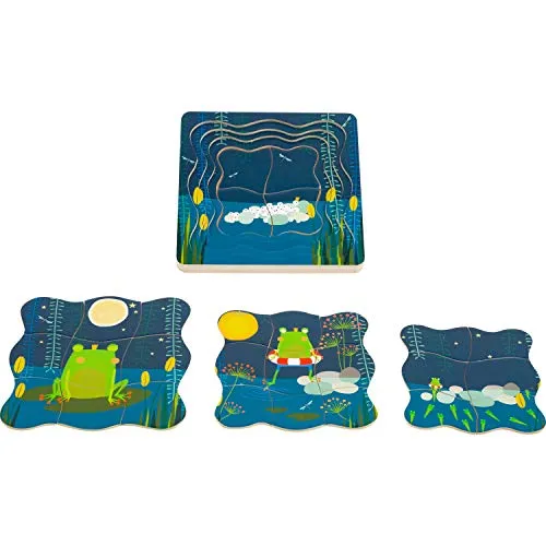 Schichtenpuzzle Froschkönig aus Holz mit vier Lagen und detaillierten Motiven zur Entwicklung eines Frosches, ab 3 11539