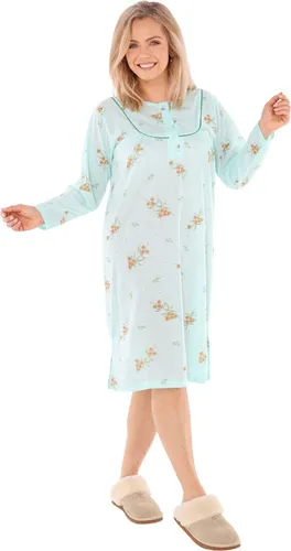 Nachthemd Damen langer Arm Nachtkittel Nachtgewand Schlafhemd Nachtwäsche, Größe:XL, Farbe:Grün