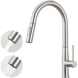 Auralum Ausziehbare Küchenarmatur, Hochdruck Wasserhahn Aus Edelstahl, 360° Schwenkbar, Mischbatterie Mit 2 Strahlarten, Gebürstet