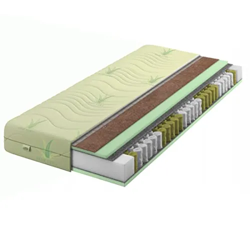 IZER Aloe Vera Taschenfederkernmatratze Kokosfaser-Einlage 90x200 x 20 cm Härtegrad H3 H4, Bezug Waschbar, 7-Zonen Federkernmatratze