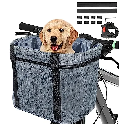 Goldmiky Fahrradkorb, Faltbar Wasserdicht Fahrrad Lenkerkorb, Abnehmbare Lenkerkorb Aluminiumlegierung Rahmen Hund Katze Haustier Träger für Kleiner Hund, Mountain Picknick, Einkaufen (Grau A)