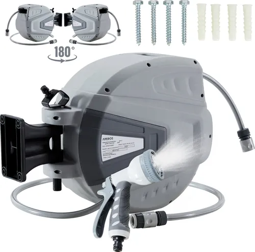 Arebos Schlauchaufroller | 30 m Gartenschlauch mit 9 Sprühfunktionen - Schlauchtrommel mit 180° Schwenkfunktion und automatischem Aufrollmechanismus, ideal für komfortable Gartenbewässerung ohne Knicke.