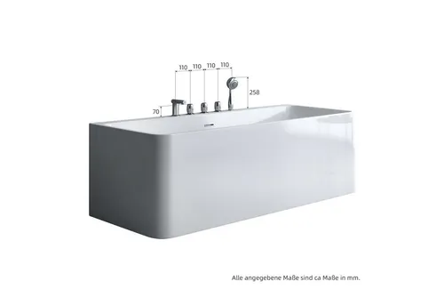 doporro Design-Badewanne Vicenza601 - Wandmontierte Design-Badewanne aus hochwertigem Acryl, 180x80x57cm, inkl. Armaturen und Überlauf. Ideale Kombination aus Stil und Funktionalität für Ihr Badezimmer.
