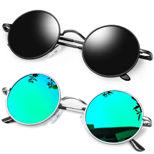 KANASTAL 2er Set Runde Sonnenbrille Herren Damen Retro Polarisierte Sonnenbrille Rund mit Metallrahmen Vintage Hippie Rave Brille UV400 Schutz, Polarisiert Schwarze und Verspiegelt Grün