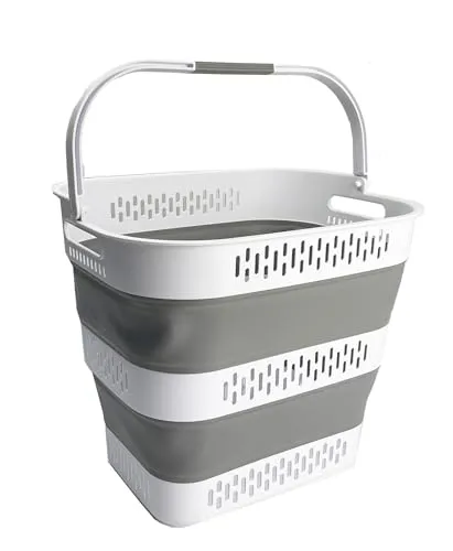 Produktbild SAMMART 40L Zusammenklappbarer Wäschekorb aus Kunststoff mit Griffen – faltbarer Pop-Up-Aufbewahrungsbehälter/Organizer – tragbarer Wäschesammler – platzsparend (1, Weiß/Grau)