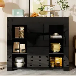 Buffet Aus Spanplatte Schwarz 95 X 35 X 83 Cm Mit Hochglanzfront, Tür Und Glasböden