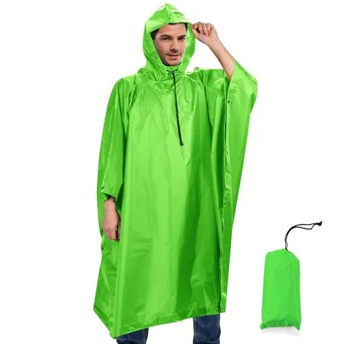 Sensong Regenponcho Wasserdicht Regencape mit Kapuze Multifunktionales Regenmantel Wiederverwendbar Regenkleidung Faltbare Ripstop Damen Herren für Wandern Camping Angeln Täglichen Gebrauch Grasgrün