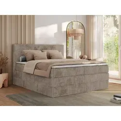 MKS MEBLE Boxspringbett 180x200 Hellbraun Cord - Doppelbett mit 7-Zonen-Taschenfederkern-Matratzen für optimalen Schlafkomfort, inkl. Bettkasten für zusätzlichen Stauraum und weichem TILIA-Cordstoff.