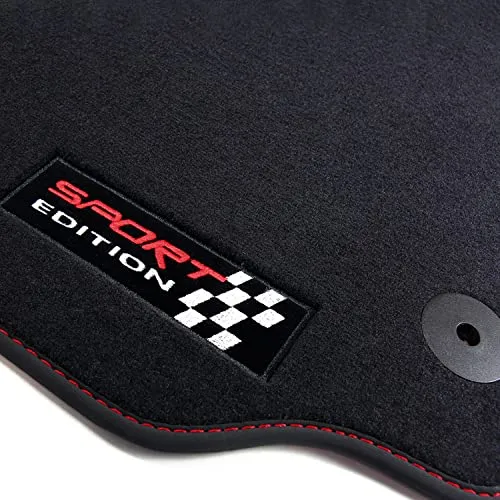 tuning-art Auto-Fußmatten 190 für Seat Leon 3 ST Kombi - Sport Edition Automatten Set mit passgenauer Verarbeitung, hochwertigem Velours und rutschfestem Befestigungssystem. Ideal für Seat Leon 3, Baujahr 2012-2019, mit stilvollen roten Ziernähten.